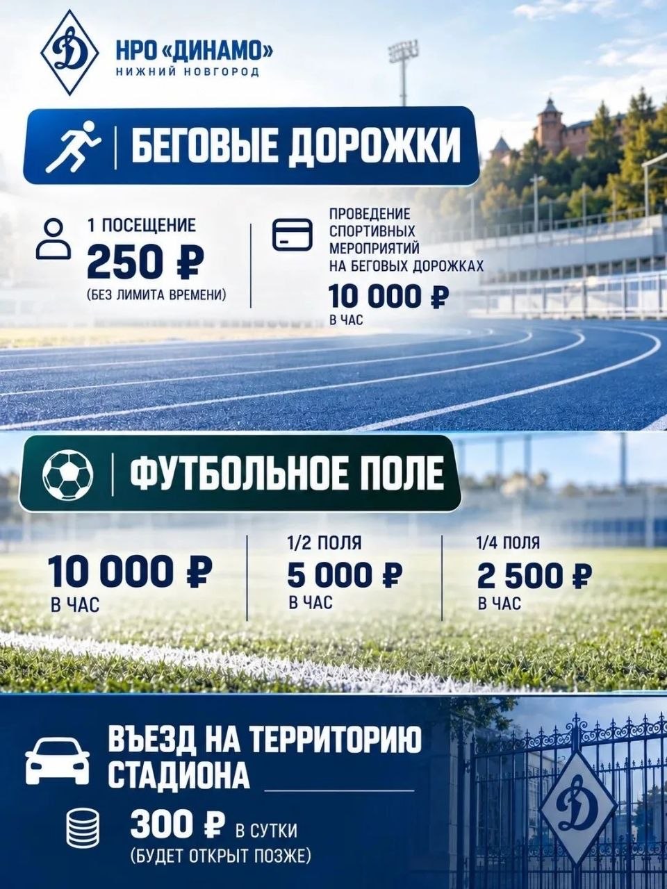 Цены НРО Динамо на беговые дорожки, футбольное поле и въезд на стадион